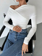 A-Line Shoulder Long Sleeve Slim Knitted T-Shirt Women