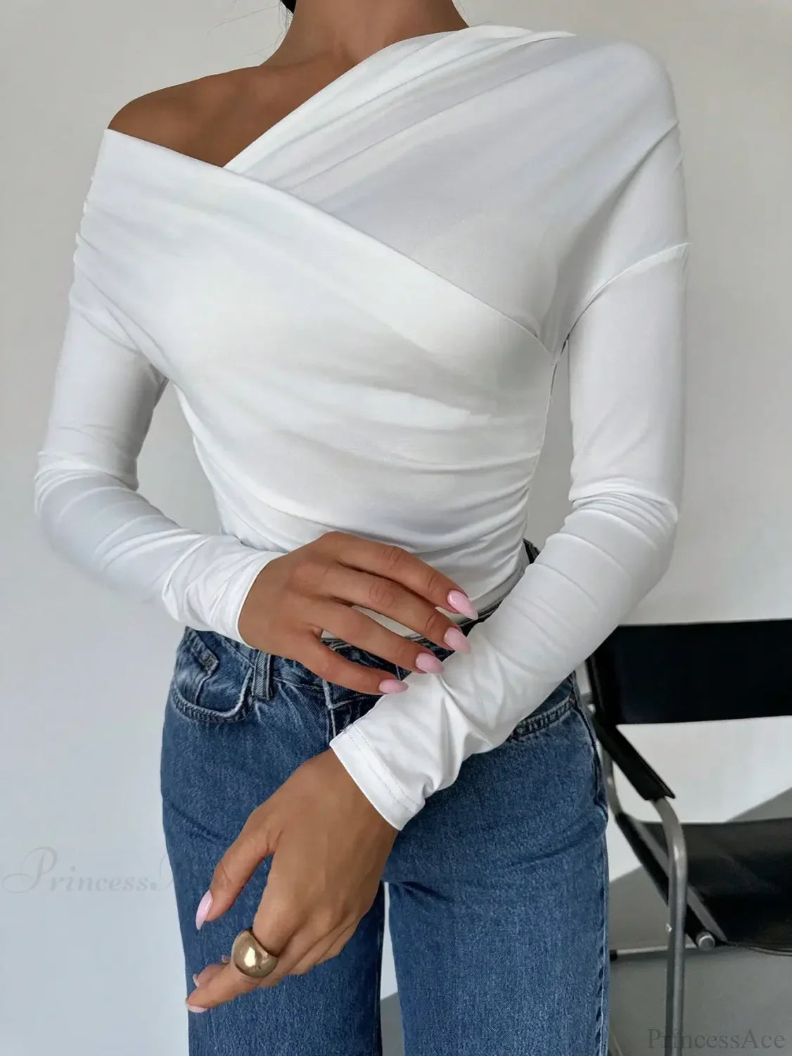A-Line Shoulder Long Sleeve Slim Knitted T-Shirt Women