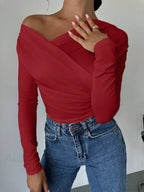 A-Line Shoulder Long Sleeve Slim Knitted T-Shirt Women
