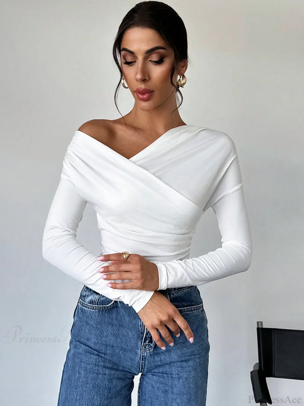 A-Line Shoulder Long Sleeve Slim Knitted T-Shirt Women