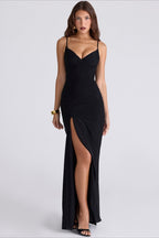 Slim Spaghetti Strap Ruched Slit Maxi Dress
