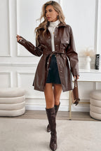 Mid-Length Windproof Pu Belted Coat