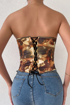 Color Block Backless Lace Up Boned Corset Blouse