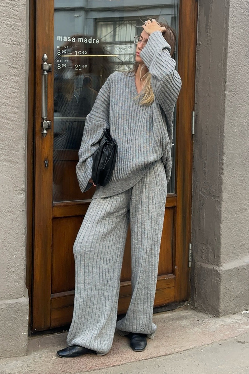Relaxed Fit V Neck Ribbed Sweater With Pants Two Piece Set