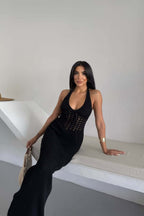 Sheer Halter Backless Maxi Dress