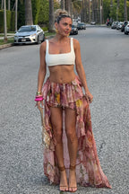 Floral Print Double Ruffle Asymmetric Skirt
