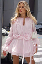 Solid Round Neck Floral Tie Bodycon Mini Dress