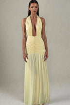 Solid Mesh Patchwork Deep V Halter Maxi Dress