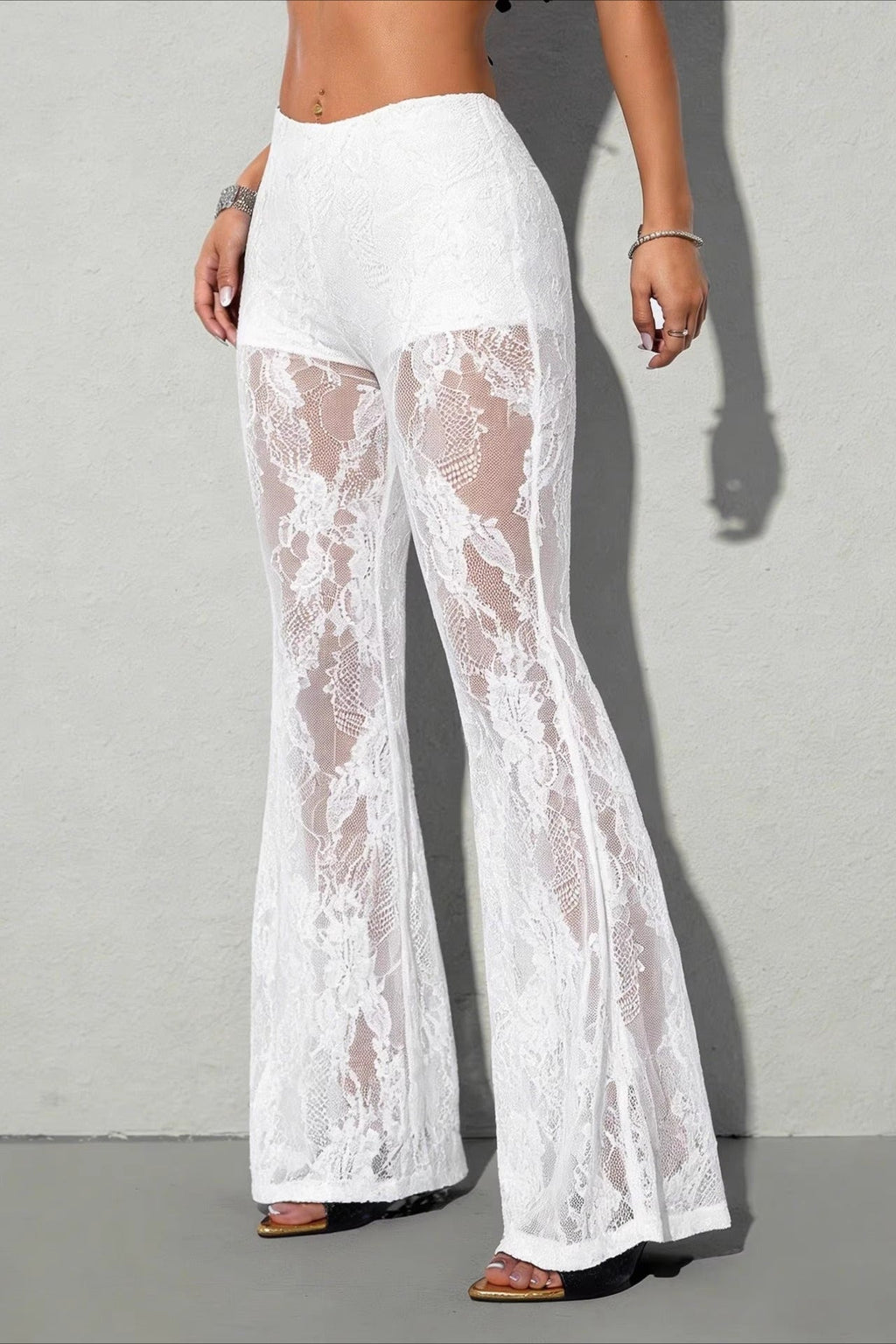 Lace Panel Flared Mesh Pants