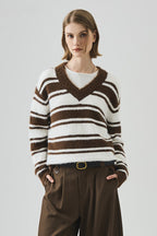 Striped V Neck Loose Long Sleeve Knit Sweater