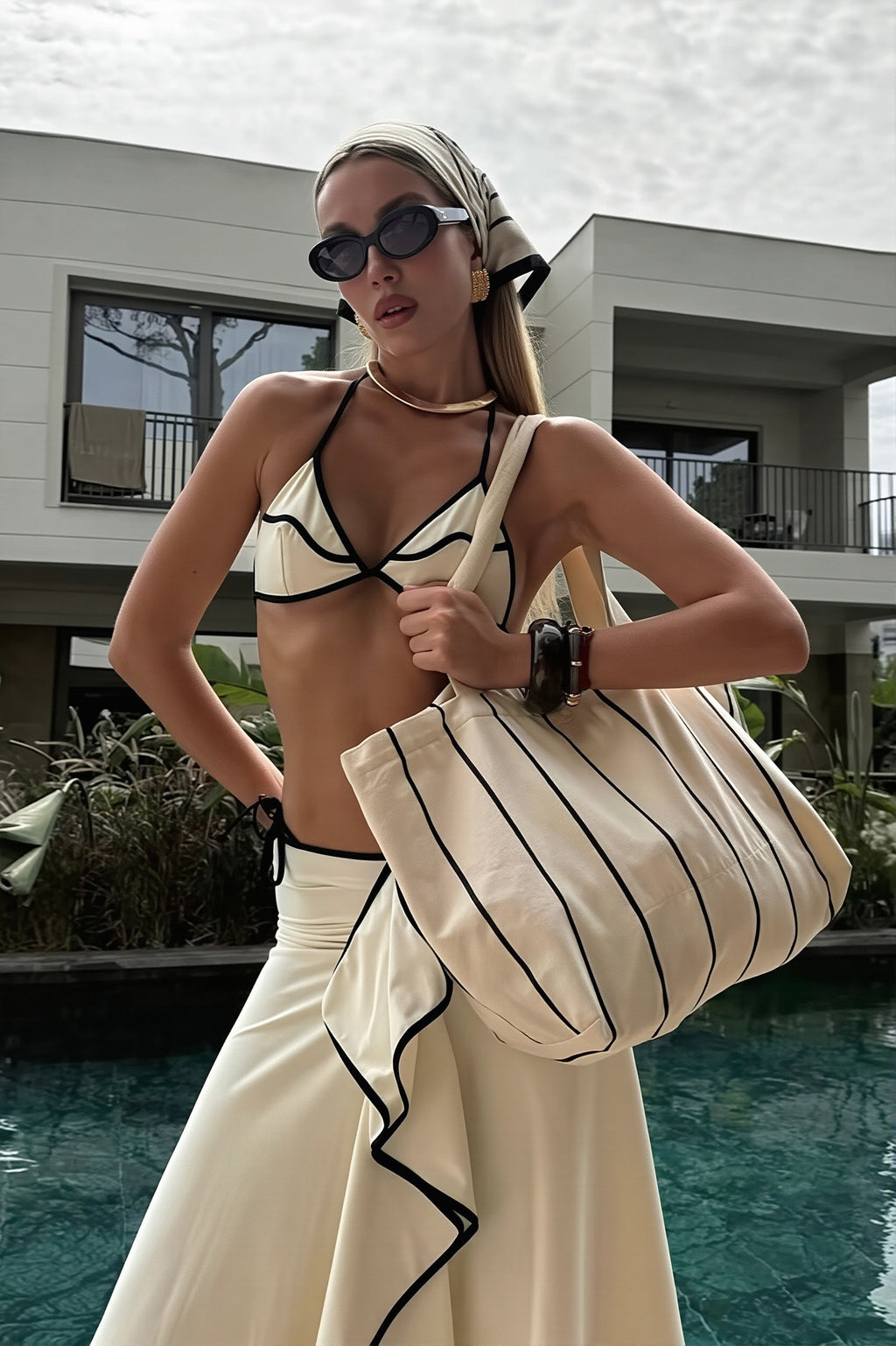 Solid Two Piece Bikini With Long Skirt Three Swim Sets
