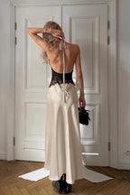 Lace Sheer Deep V Halter Maxi Dress