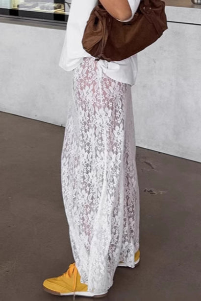 Elegant White Lace High Waist A-Line Midi Skirt
