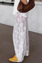 Elegant White Lace High Waist A-Line Midi Skirt
