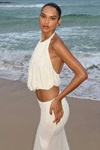 Solid Halter Open Back Bodycon Slit Skirt Sets