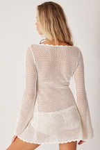 Solid V Neck Tie Knit Hollow Blouse