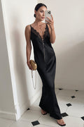Silk Satin Lace Trim Deep V Bodycon Mermaid Maxi Dress