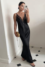 Silk Satin Lace Trim Deep V Bodycon Mermaid Maxi Dress