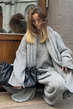 Relaxed Fit V Neck Ribbed Sweater With Pants Two Piece Set