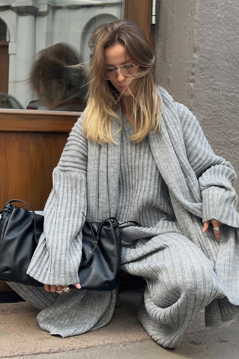 Relaxed Fit V Neck Ribbed Sweater With Pants Two Piece Set
