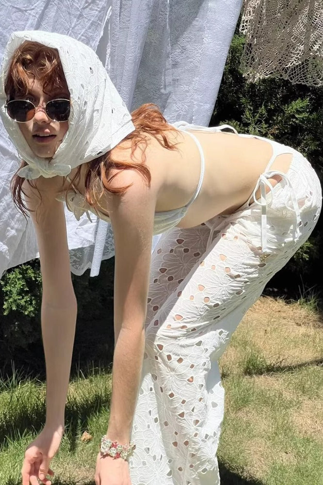 White Floral Embroidery Relaxed Pants