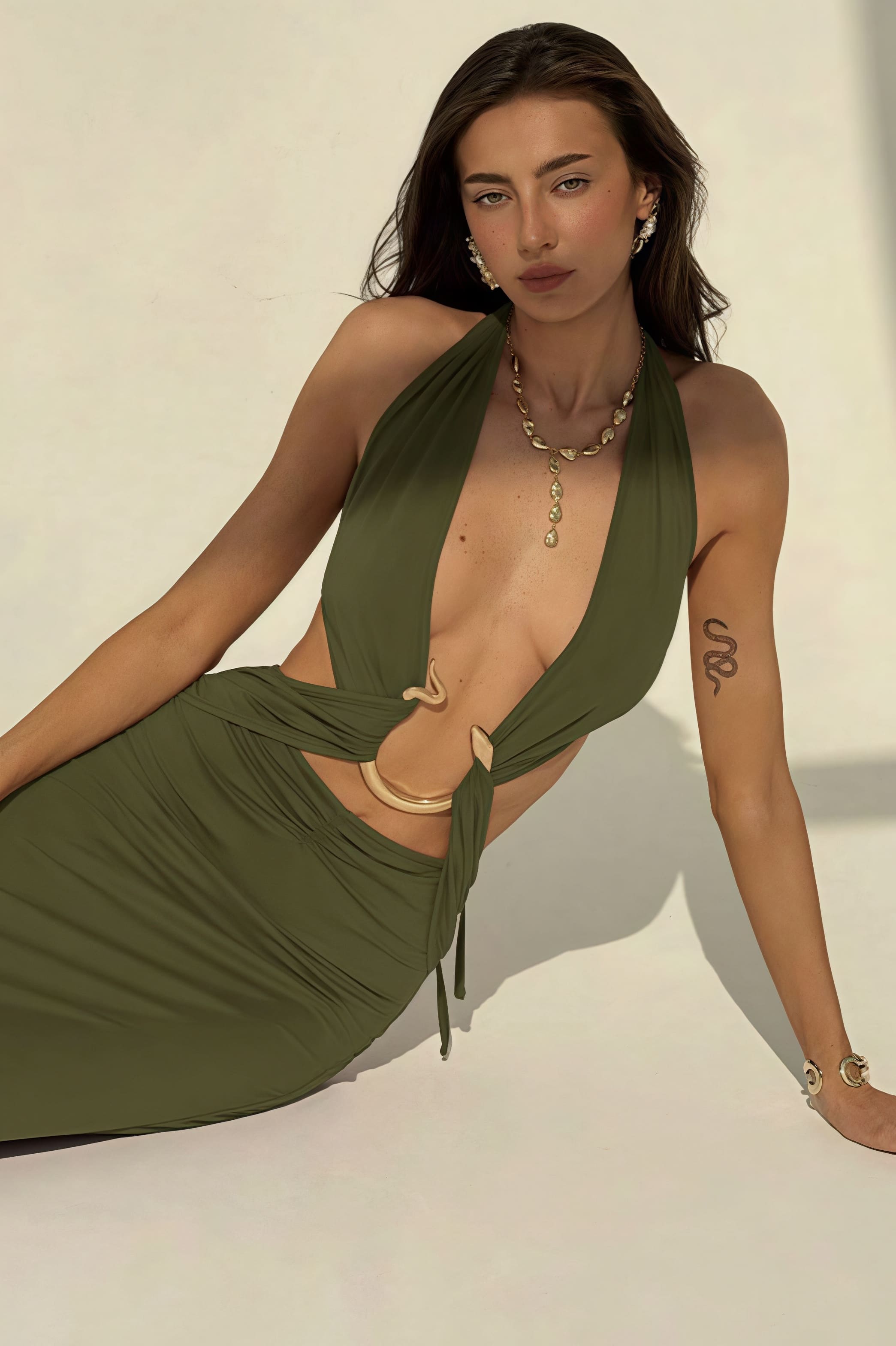 Halter Deep V Neck Backless Metal Maxi Dress