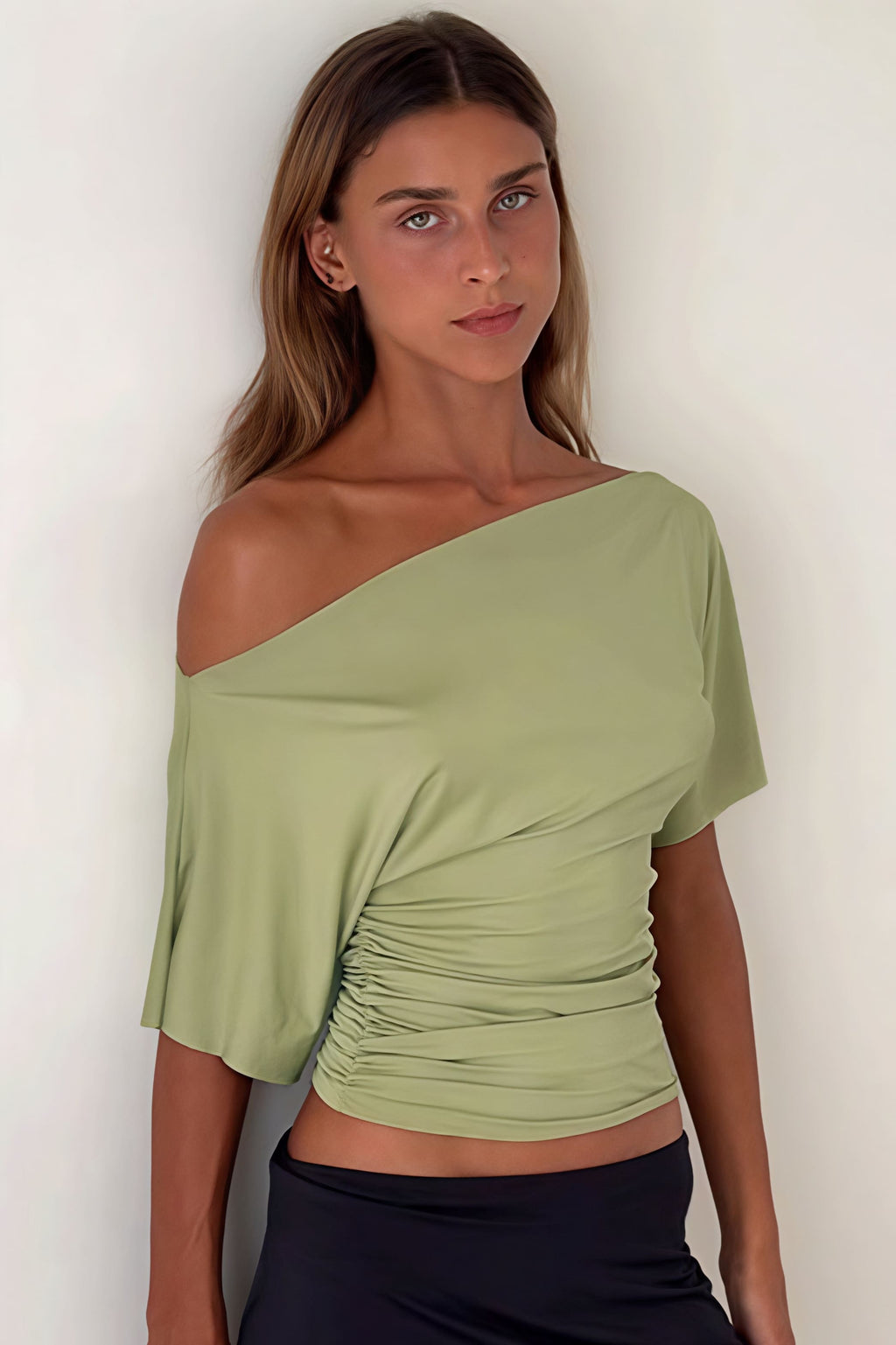 Solid Off Shoulder Shirred Waist T-Shirt