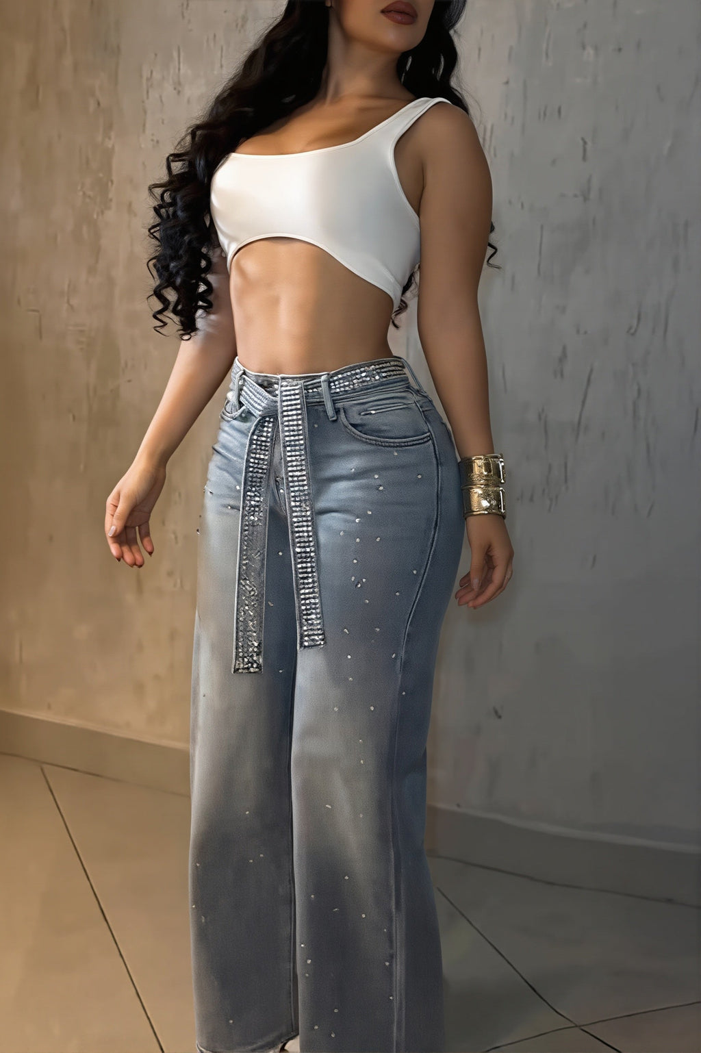 Rhinestone Belt High Waist Straight Jeans
