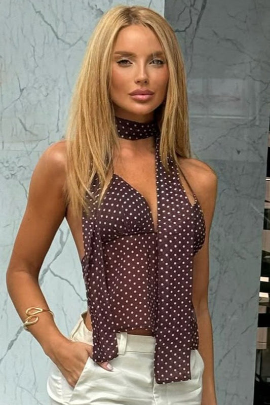 Polka Dot Deep V Tie Cami Top