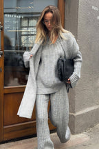 Relaxed Fit V Neck Ribbed Sweater With Pants Two Piece Set