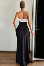 Lace Trim Strapless Bodycon Slit Maxi Dress