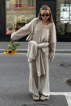 Relaxed Fit V Neck Ribbed Sweater With Pants Two Piece Set