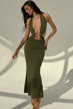 Halter Deep V Neck Backless Metal Maxi Dress