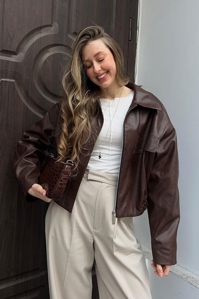 Retro Brown Pu Leather Jacket