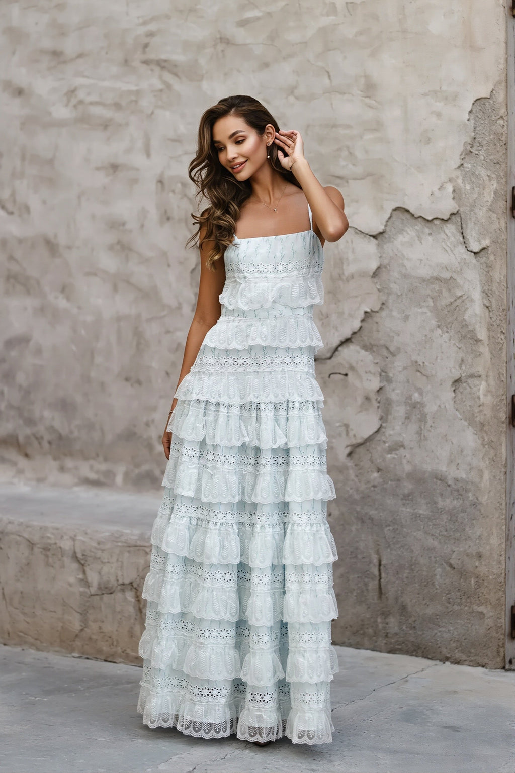 Lace Trim Print Tiered Ruffle Hem Cami Maxi Dress
