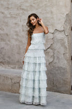 Lace Trim Print Tiered Ruffle Hem Cami Maxi Dress
