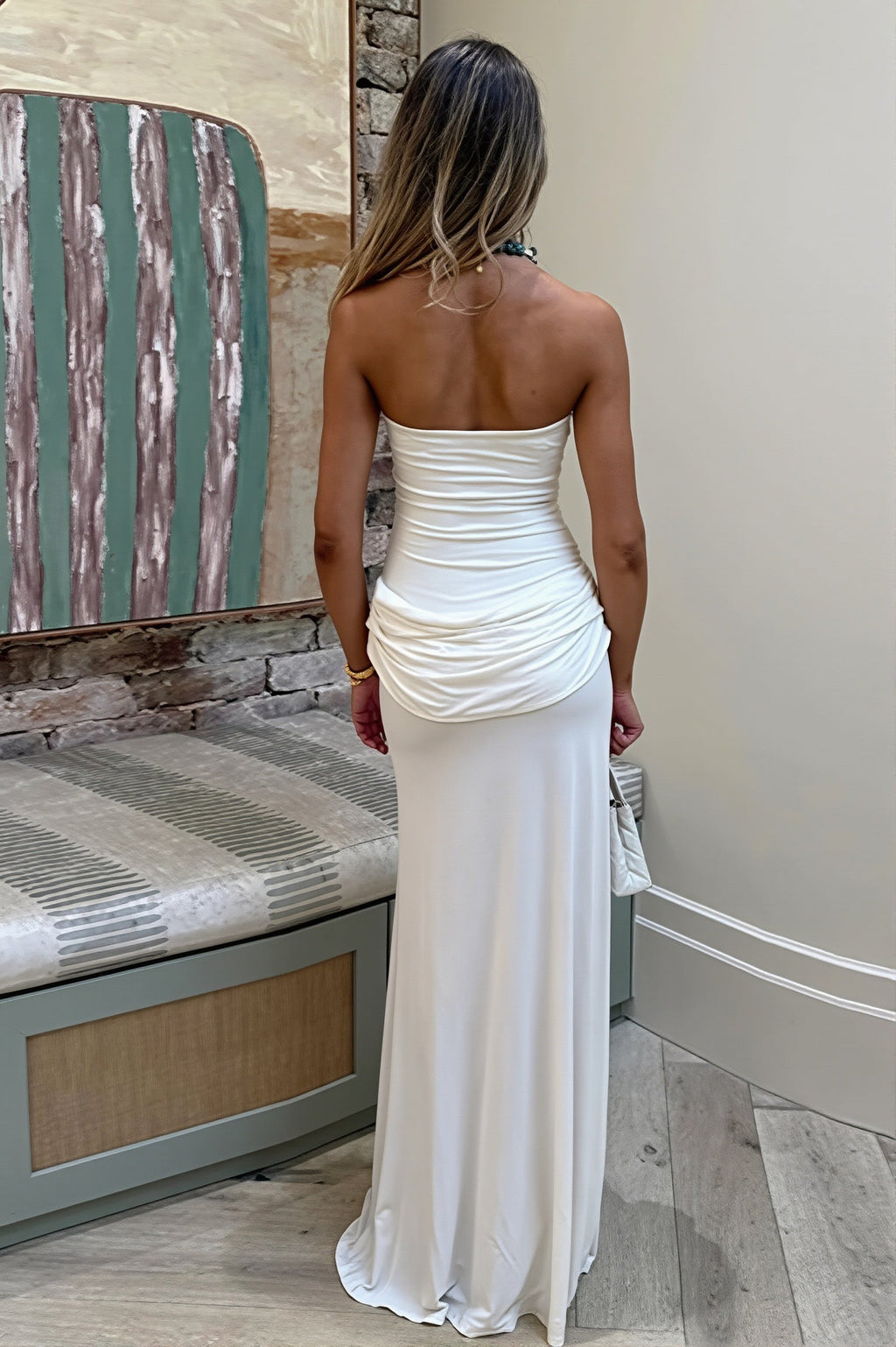 Solid Strapless Ruched Side Slip Maxi Dress