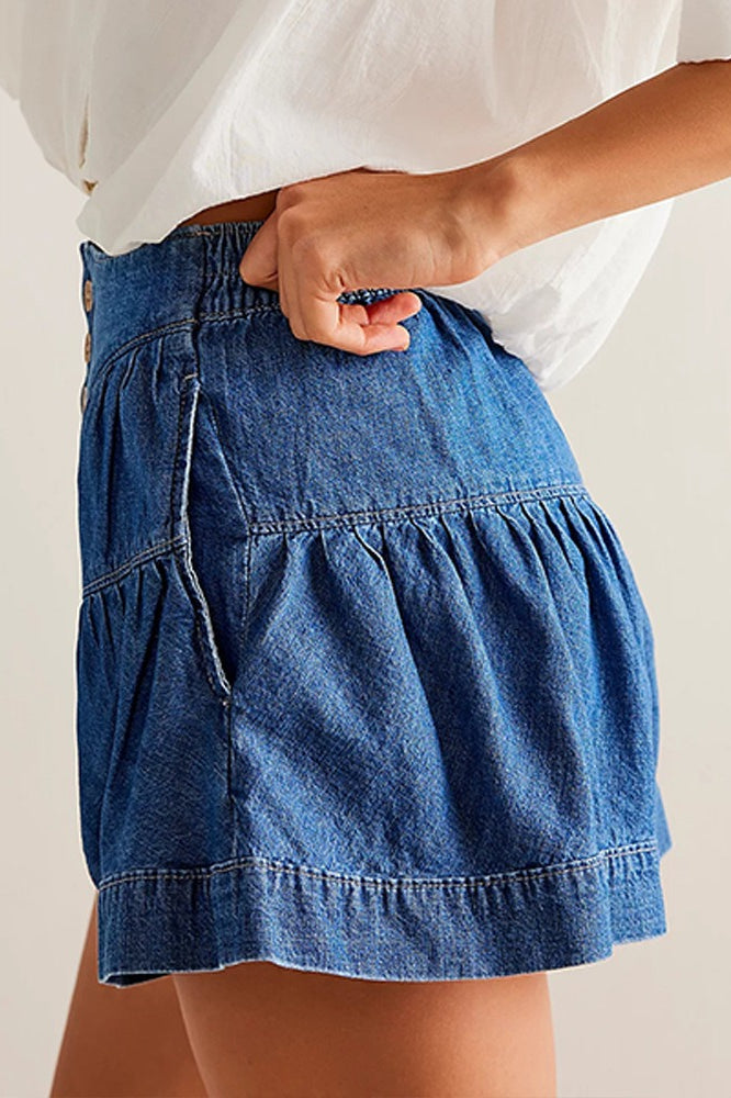 Ruffled Hem A Line Denim Casual Shorts