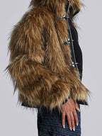 Metal Button Zipper Fur Leather Panel Loose Coat