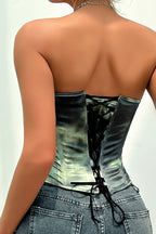 Color Block Backless Lace Up Boned Corset Blouse