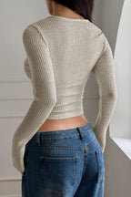 Vintage Ribbed Long Sleeve Square Neck Slim Fit Tee