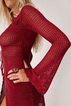 Solid V Neck Tie Knit Hollow Blouse