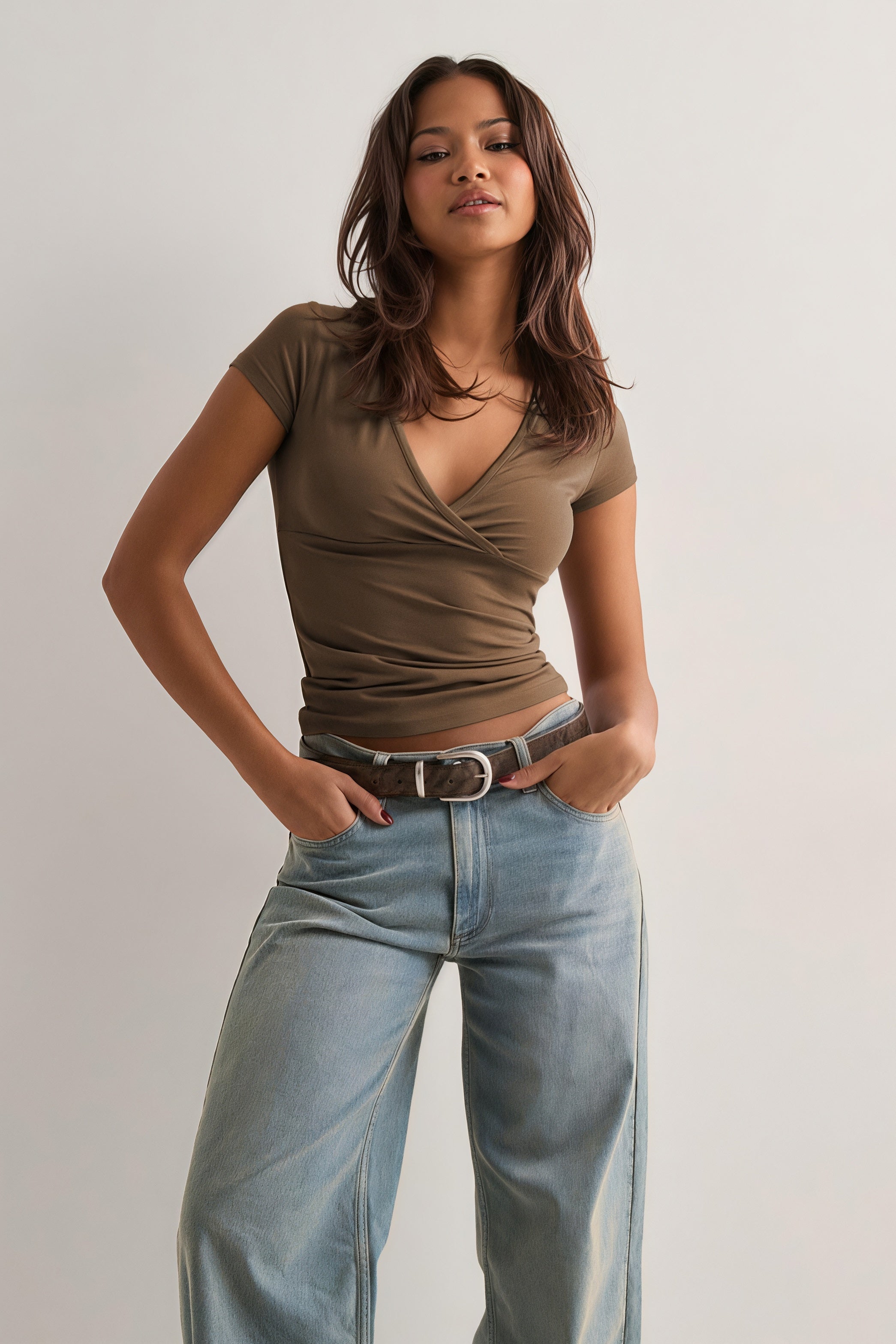 Deep V Neck Solid Slim Waist T-Shirt