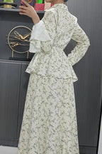 Long Sleeve Small Floral Waist Cinch Top Midi Skirt Two Piece Set