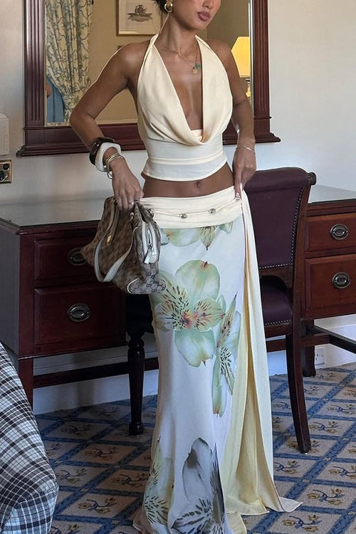 Backless Halter Top Slim Printed Maxi Skirt Set