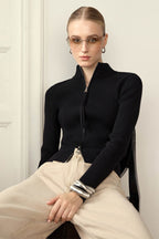 Knit Double Zipper Stand Collar Blouse