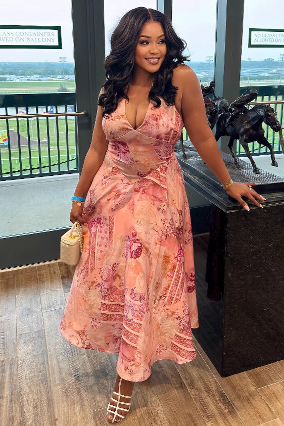 Elegant Floral Print Halter High Waist Dress