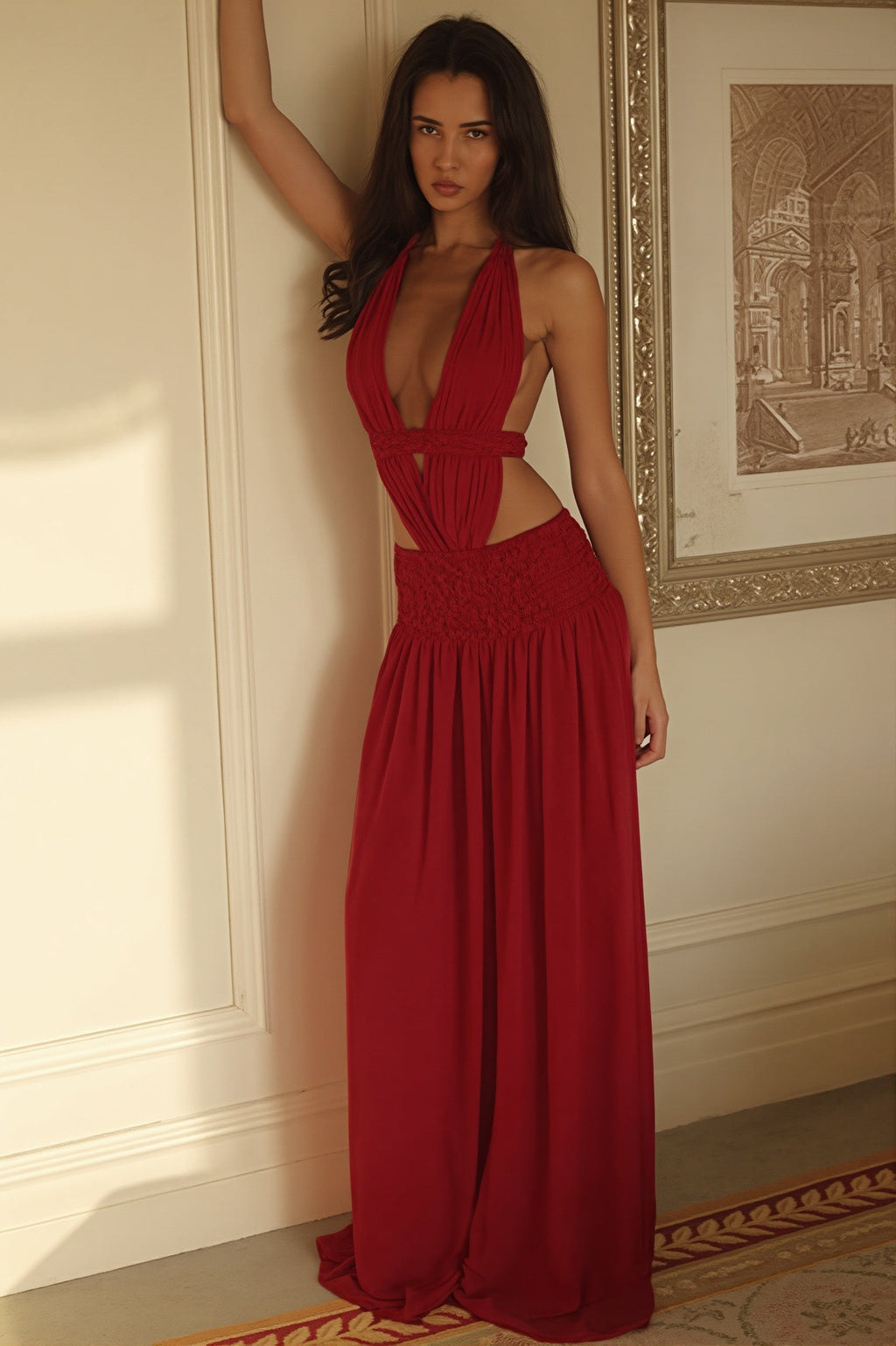 Lace Trim Halter Neck Open Back A Line Maxi Dress