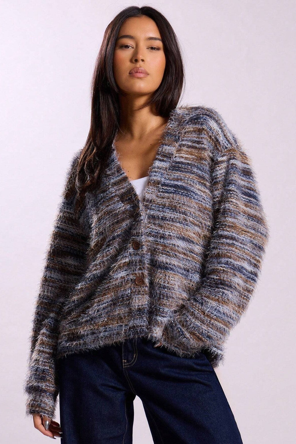 Retro Deep V-Neck Maillard Plush Long-Sleeve Knit Cardigan