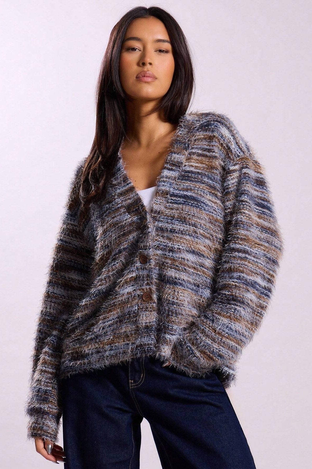 Retro Deep V-Neck Maillard Plush Long-Sleeve Knit Cardigan